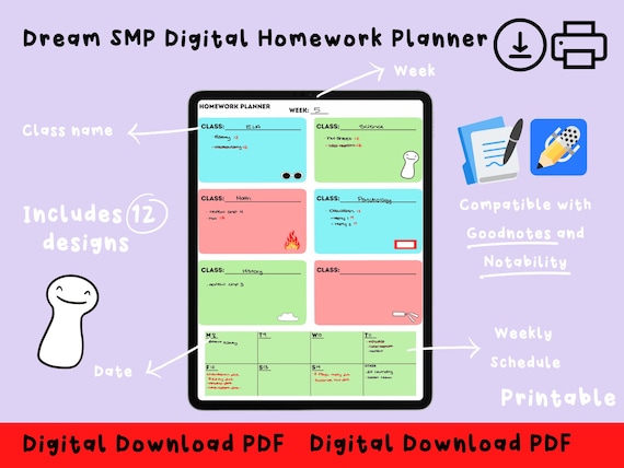 Dream SMP Digital Homework Planner Digital Download Printable