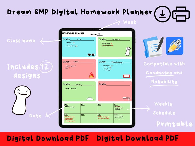 May include: A digital homework planner featuring a colorful design with a Dream SMP theme. The planner includes a weekly schedule, space for class notes, and a section for assignments. It is compatible with Goodnotes and Notability apps.