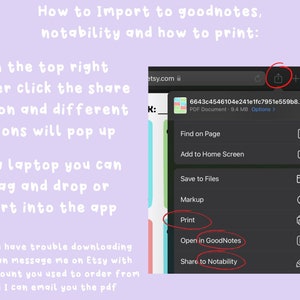 May include: A screenshot of a computer screen showing how to import a PDF document to GoodNotes or Notability apps. The screen shows a share button with options to open in GoodNotes, share to Notability, and print. The text on the screen says "6643c4546104e241e1fc7951e559b8... PDF Document - 9.4 MB Options >"
