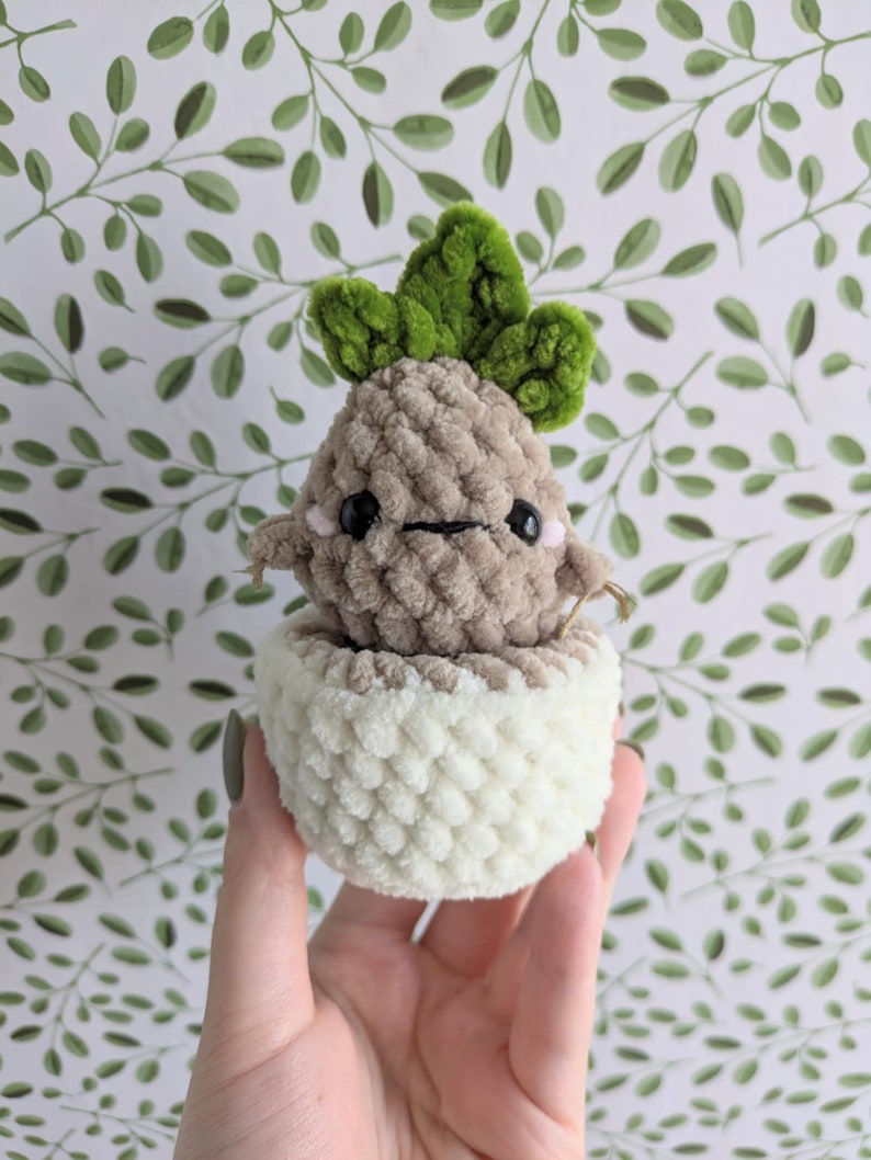 May include: A small, brown and white crocheted plush toy shaped like a plant with a green crocheted top. The toy is sitting in a white crocheted pot.