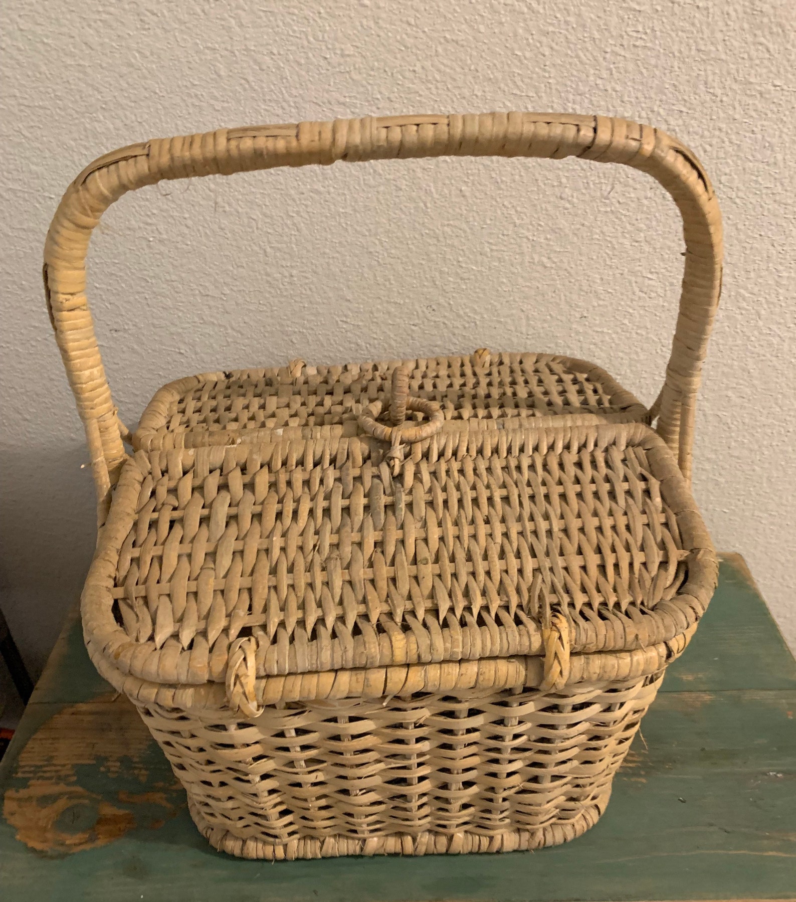 Vintage wicker doublelid with handle picnic basket Etsy