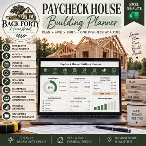 May include: A digital Paycheck House Building Planner Excel template displayed on a laptop screen, featuring budget trackers, build phase checklists, and progress dashboards. Includes a measuring tape, a pen, and a mug labelled Good Things Take Time.