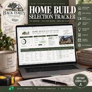 May include: A laptop displaying a Home Build Selection Tracker Excel template with budget, progress, and build phase data. Beside it sits a mug with the text Good Plans Build Great Homes, a measuring tape, a pen, and a stack of books.