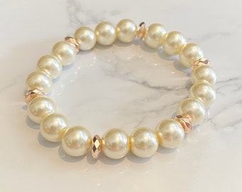 Stretch glass pearl bridal bracelet, 10mm ivory white bracelet, rose gold spacers