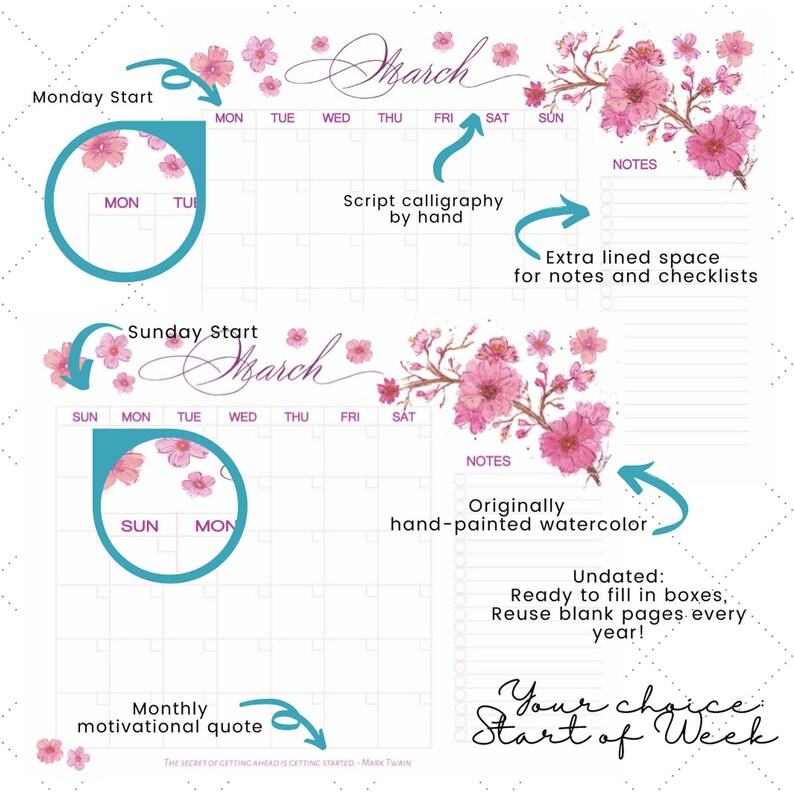 Girly Undated Planner Monthly Printable Blank Watercolor - Etsy