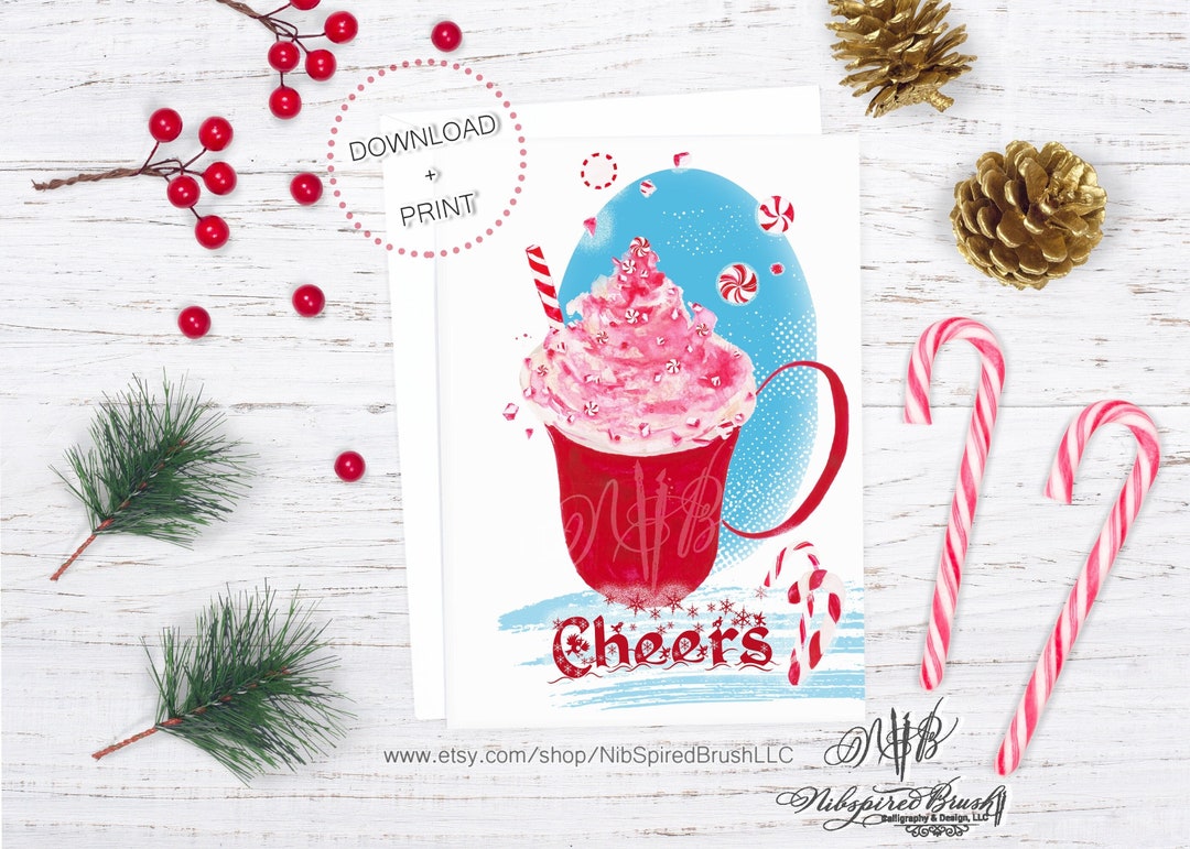 Peppermint Printable Christmas Card Cute Watercolor Christmas Greeting ...