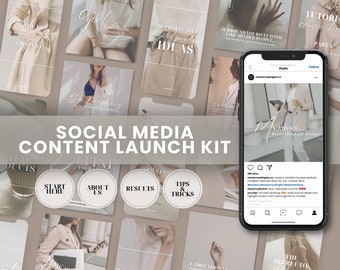 May include: A social media content launch kit with a beige and brown color scheme. The kit includes a variety of templates for Instagram posts, stories, and highlights. The templates feature text overlays with tips and advice for creating successful social media content. The kit also includes a phone mockup with a sample Instagram post.