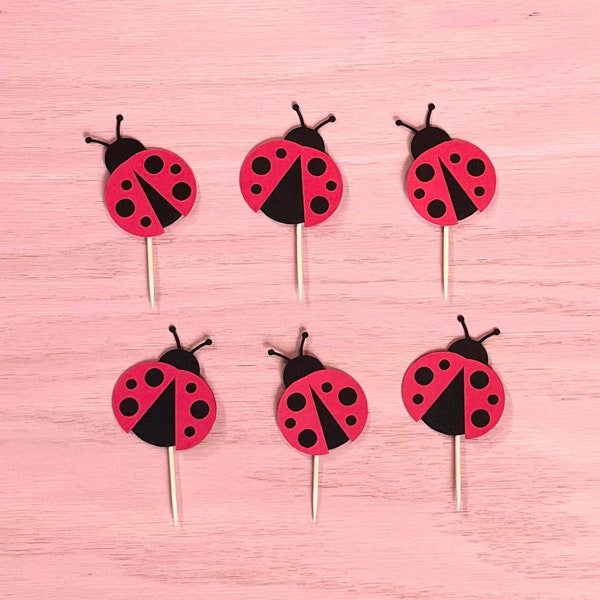 Ladybug Cupcake Toppers, Party Decorations, Birthday, First Birthday, Lady Bug, Little Lady, Red and Black, Sets of 6