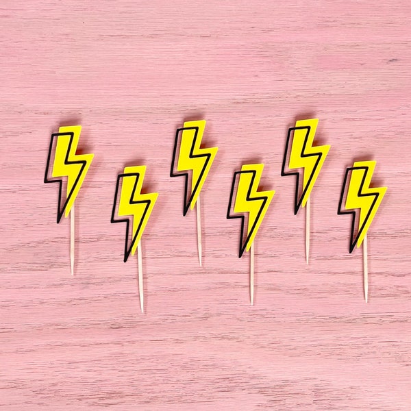 Lightning Bolt Cupcake Toppers, Party Decorations, Birthday, Flash, Yellow and Black, Thunderbolt, Sets of 6