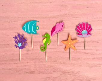 Under the Sea Cupcake Toppers, Party Decorations, Birthday, Ocean, Sets of 6