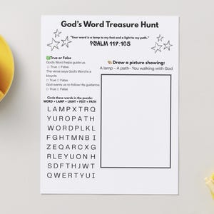Może przedstawiać: Biała karta pracy zatytułowana God's Word Treasure Hunt, zawierająca Psalm 119:105, sekcję Prawda lub Fałsz, wykreślankę z wyrazami takimi jak LAMP i PATH oraz dużą, pustą prostokątną ramkę przeznaczoną na rysunek.
