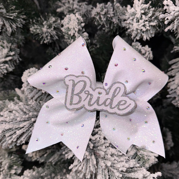 Bride Cheer a bow with rhinestones; bridesmaid, bride, cheer bow, coach bow, white rhinestone bow, white bow; wedding bow, bridesmaid gift