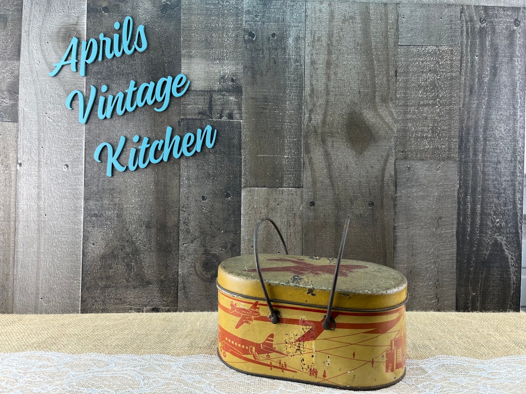 Antique Metal Lunch Box Pail Tin With Airplanes Airport Scene Etsy