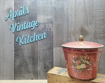 Vintage Red & Gold Crackle Metal Candy Tin Canister Roses Bouquet Container Made in Holland