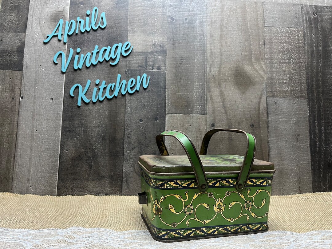Antique Metal Lunch Box Pail Tin Swan Green Blue Child Etsy