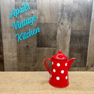 Vintage Red and White Polka Dot Enamelware  Tea Kettle Enamel Coffee Tea Chocolate Kettle Pot Retro Rustic Decor
