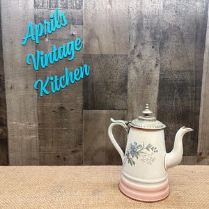 Beautiful Pink and White Blue Yellow Flower Floral Daffodil Enamelware Enamel Coffee Tea Chocolate Kettle Pot Vintage Antique