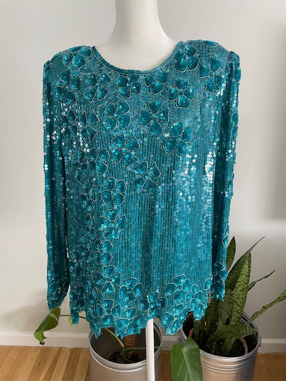 Vintage 80s Scala Sequin Top with Flower Print - image 1