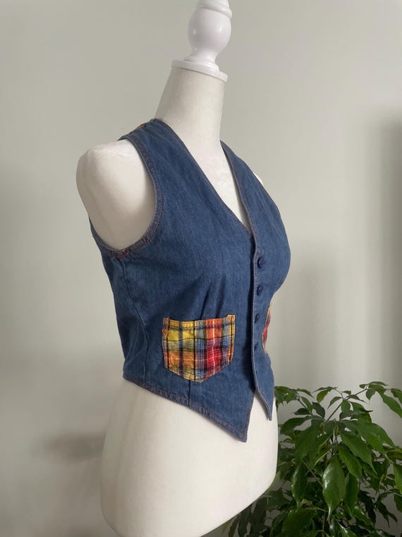 Vintage 70s Faded Glory Denim & Plaid Detail Vest… - image 4