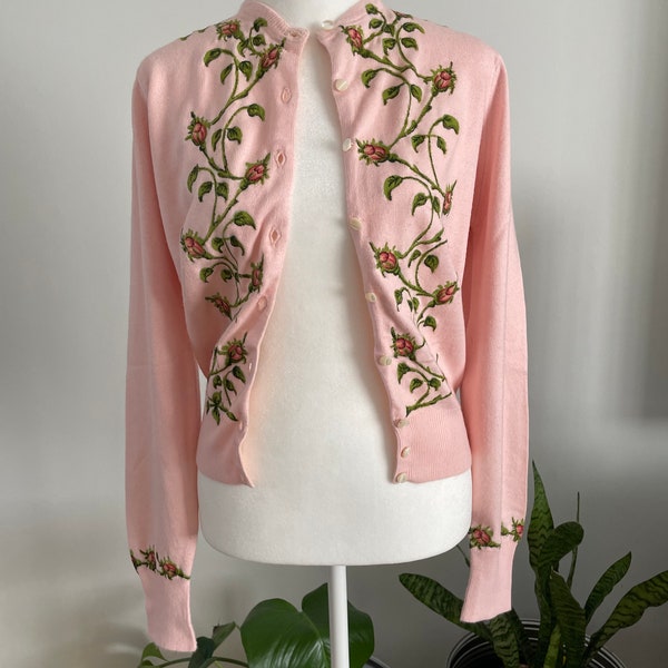 Vintage 50s Full Fashioned Handpainted Floral Cardigan/Sweater