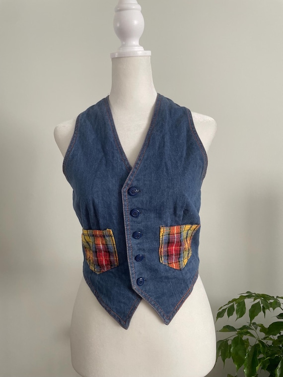 Vintage 70s Faded Glory Denim & Plaid Detail Vest… - image 3