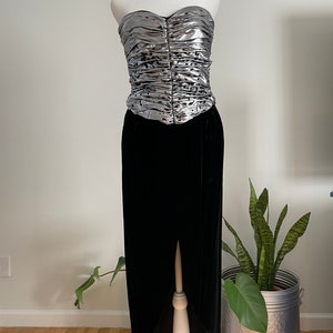 Vintage 70s/80s Silver Leopard Print Lame Ruched Strapless & Velvet Party/Formal Dress