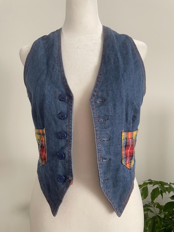 Vintage 70s Faded Glory Denim & Plaid Detail Vest… - image 2