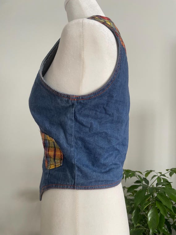 Vintage 70s Faded Glory Denim & Plaid Detail Vest… - image 9