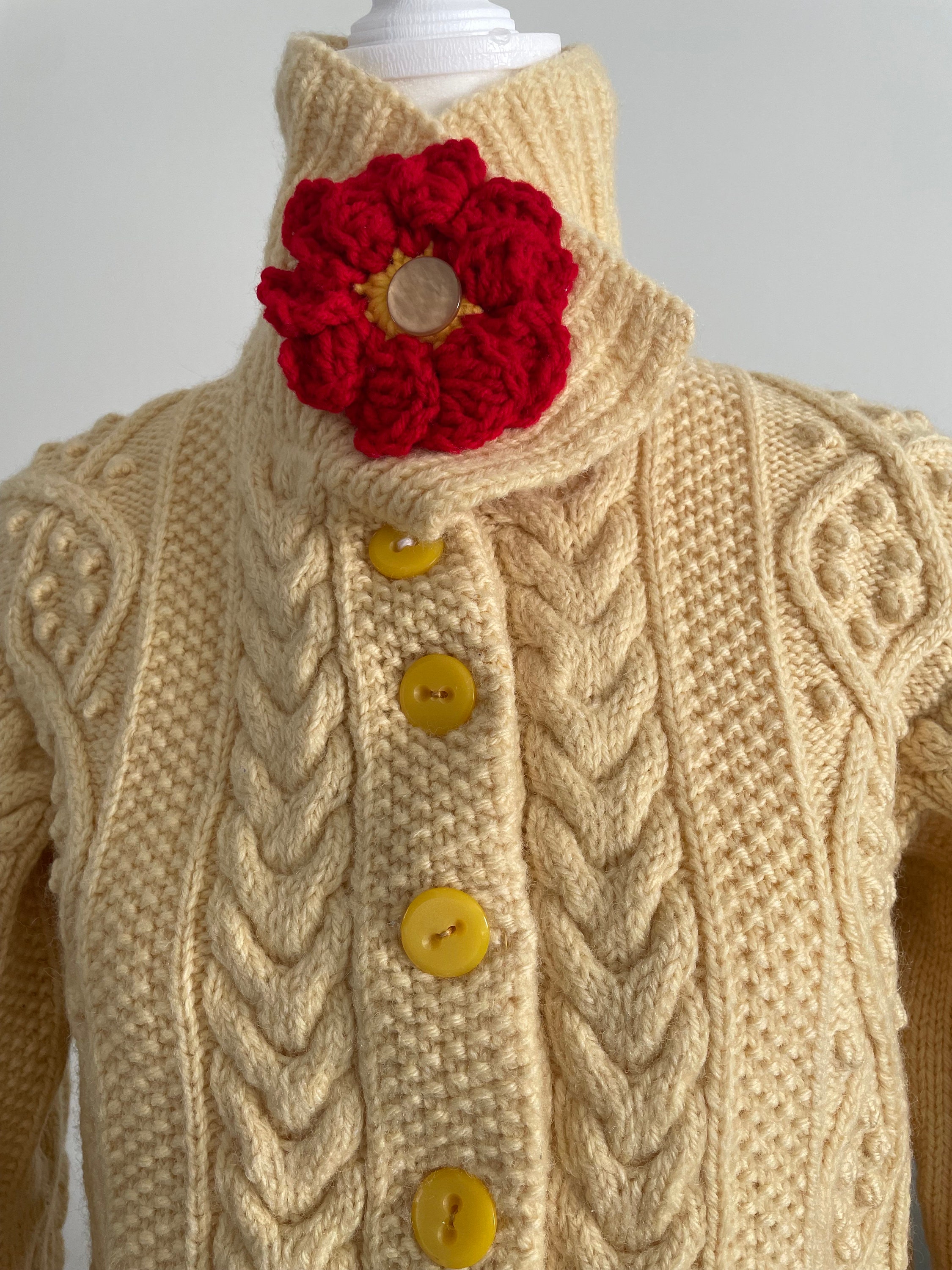 Vintage 60s/70s Hand Knit Cardigan Sweater With Flower Detail - Etsy
