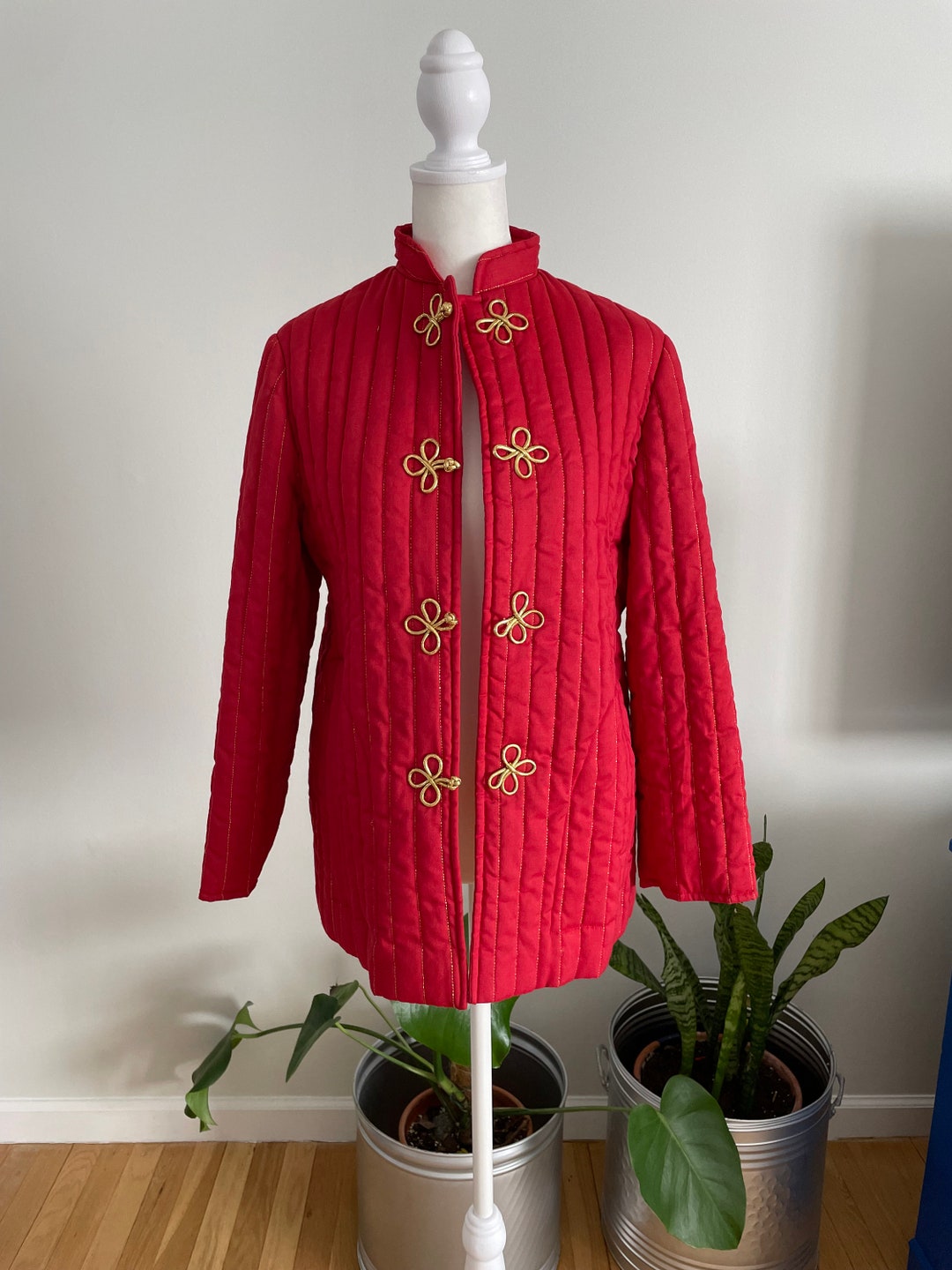 Vintage 70s Mandarín Collar Quilted Jacket With Gold Thread Etsy