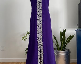Vintage 60s Royal Purple with Silver Lace Appliqué Details Maxi Party/Formal Dress