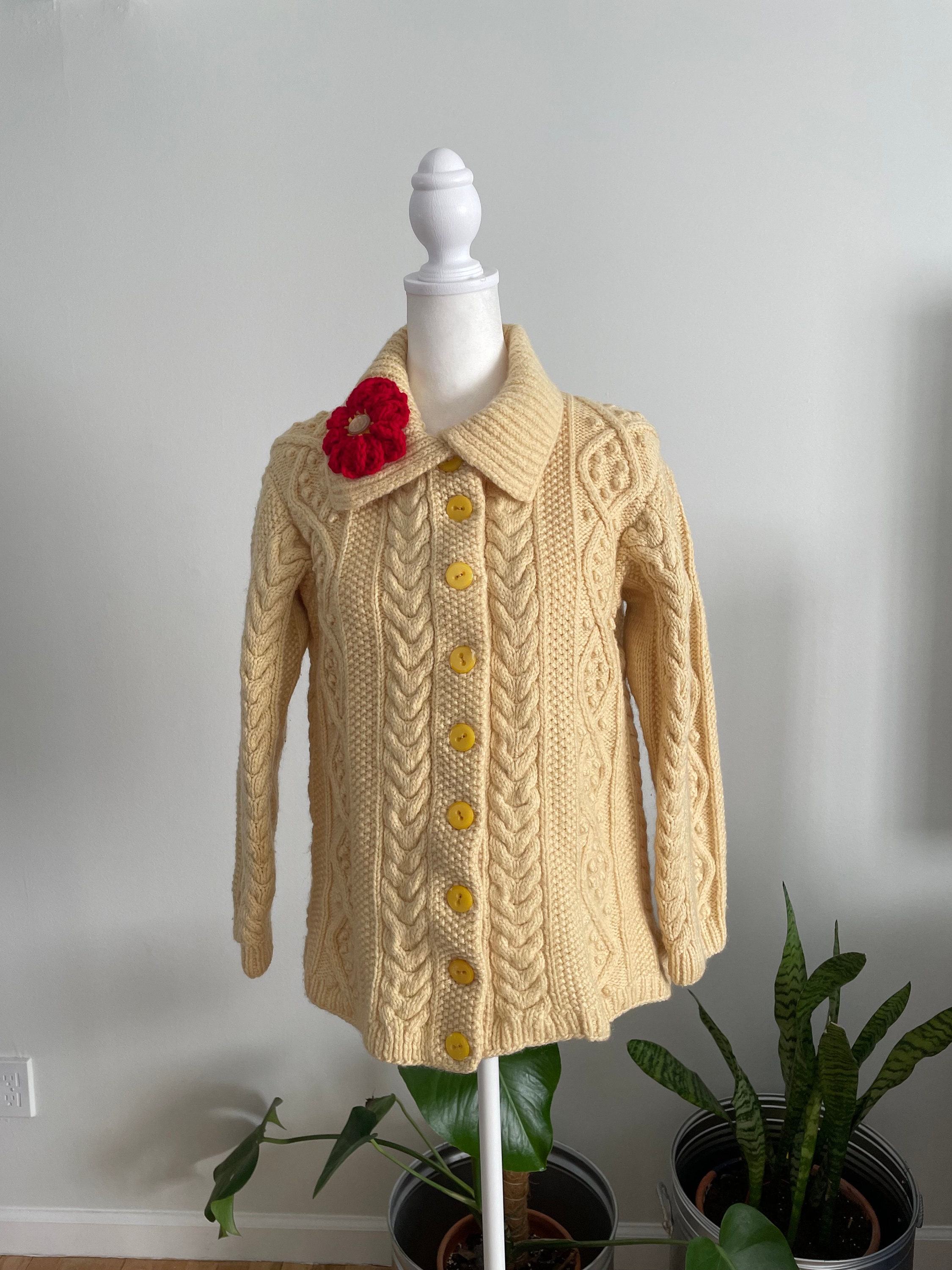 Vintage 60s/70s Hand Knit Cardigan Sweater With Flower Detail - Etsy