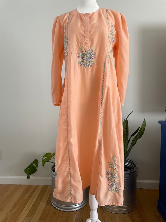 Vintage 70s Embroidered Caftan with Peacock Motif