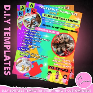 Modelo de folheto para creche, babá, tema de recreio, pôster de creche, centro de recreação, editável no CANVA, Start A Daycare