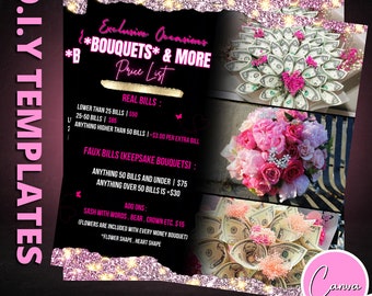 Money Bouquet Price List, DIY Flyer Template Design, Hair Pricing Flyer, Pricelist Flyer, Pricing Guide Sheet, Nails Flyer, Canva template