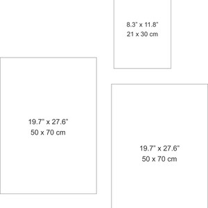 Pu&ograve; includere: Tre diversi formati di carta bianca vuota, con misure in pollici e centimetri. Il foglio pi&ugrave; grande &egrave; di 19,7 pollici per 27,6 pollici, o 50 cm per 70 cm. Il foglio medio &egrave; anche di 19,7 pollici per 27,6 pollici, o 50 cm per 70 cm. Il foglio pi&ugrave; piccolo &egrave; di 8,3 pollici per 11,8 pollici, o 21 cm per 30 cm.