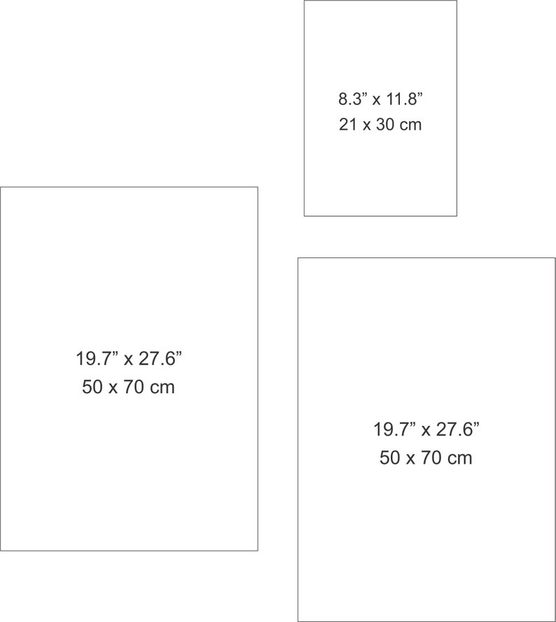 Pu&ograve; includere: Tre diversi formati di carta bianca vuota, con misure in pollici e centimetri. Il foglio pi&ugrave; grande &egrave; di 19,7 pollici per 27,6 pollici, o 50 cm per 70 cm. Il foglio medio &egrave; anche di 19,7 pollici per 27,6 pollici, o 50 cm per 70 cm. Il foglio pi&ugrave; piccolo &egrave; di 8,3 pollici per 11,8 pollici, o 21 cm per 30 cm.