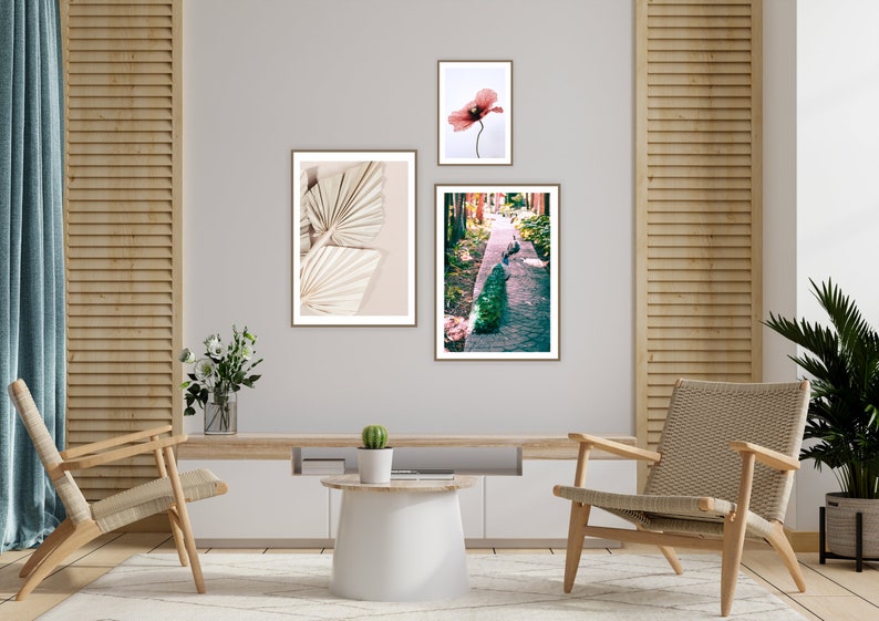 Pu&ograve; includere: Un interno di soggiorno con due poltrone in vimini, un tavolino da caff&egrave; e tre stampe incorniciate sul muro. Le stampe mostrano un fiore rosa, una foglia di palma e un gruppo di pavoni che camminano su un sentiero.