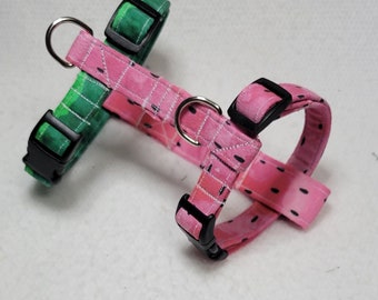 May include: Two dog harnesses, one pink with a watermelon print and one green with a geometric print. Both harnesses have black buckles and silver rings.