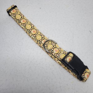 May include: A yellow and black dog collar with a silver ring and a black plastic buckle.