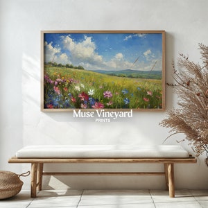 Schöne Sommer Wiese Landschaft digitaler Download, lebendige Wildblumen Feld Kunstdruck, bunte Natur Wandkunst, sofort herunterladbare Dekor