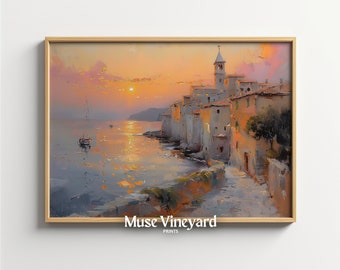 Stunning Mediterranean Sunset Painting Downloadable Wall Art | Coastal Landscape Art Print | Serene Ocean Scene for Home Decor
