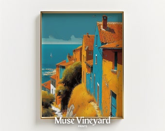 Vibrant Coastal Village Downloadable Wall Art | Mediterranean Seaside Painting | Colorful Coastal Home Print | Ocean View Art | Digital Art