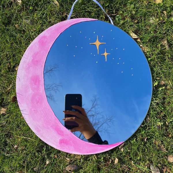 12" Hand Painted Pink Moon Mirror