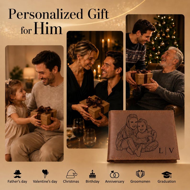 K&ouml;nnte beinhalten: Ein braunes Lederportemonnaie mit einer lasergravierten Illustration von zwei sich umarmenden Personen und den Initialen L | V. Das Bild enth&auml;lt den Text Personalized Gift for Him sowie Symbole f&uuml;r Vatertag, Valentinstag, Weihnachten, Geburtstag, Jahrestag, Trauzeugen und Abschlussfeier.
