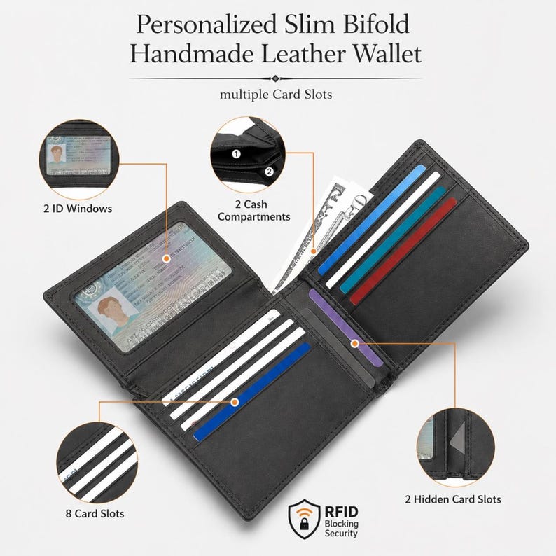 K&ouml;nnte beinhalten: Ein schwarzes Leder-Bifold-Portemonnaie mit mehreren Kartenf&auml;chern, zwei Sichtfenstern, zwei Geldscheinf&auml;chern und zwei versteckten Kartenf&auml;chern. Das Portemonnaie bietet RFID-Schutz und ist als Personalized Slim Bifold Handmade Leather Wallet beschriftet.