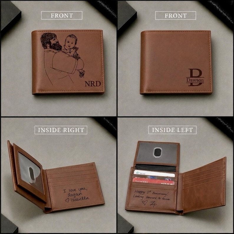 K&ouml;nnte beinhalten: Eine braune Leder-Geldb&ouml;rse mit individuellen Lasergravuren. Die Au&szlig;enseite zeigt ein Portr&auml;t einer Person, die ein Kind h&auml;lt, mit den Initialen NRD oder ein Monogramm mit dem Namen Dawson. Die Innenseite enth&auml;lt Kartenf&auml;cher und ein transparentes Sichtfenster mit handschriftlichen Nachrichten.