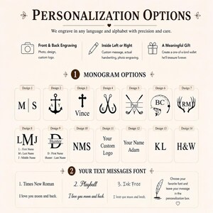 K&ouml;nnte beinhalten: Eine &Uuml;bersicht der Personalisierungsoptionen mit dunkelbraunem Text und Symbolen auf hellem Hintergrund. Sie zeigt vierzehn Monogramm-Designs, darunter Anker, Kreuze, Angelhaken und Geweihe, sowie drei Schriftarten f&uuml;r individuelle Textnachrichten.