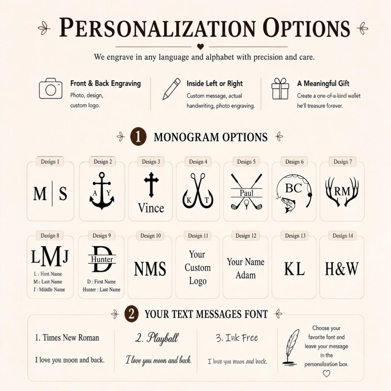 K&ouml;nnte beinhalten: Eine &Uuml;bersicht der Personalisierungsoptionen mit dunkelbraunem Text und Symbolen auf hellem Hintergrund. Sie zeigt vierzehn Monogramm-Designs, darunter Anker, Kreuze, Angelhaken und Geweihe, sowie drei Schriftarten f&uuml;r individuelle Textnachrichten.