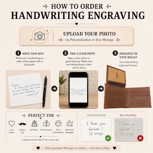 K&ouml;nnte beinhalten: Eine Anleitungsgrafik f&uuml;r die individuelle Handschriftgravur auf einer braunen Ledergeldb&ouml;rse. Sie zeigt drei Schritte: das Schreiben einer Notiz auf wei&szlig;em Papier, das Fotografieren mit einem Smartphone und die fertige Gravur im Inneren der Geldb&ouml;rse.
